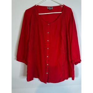 JM Collection Coral Blouse 1X Rayon Button Front 3/4 Sleeve Plus
